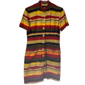 Vintage‎ 90s Linen Blend Bold Striped Short-Sleeve Button-up Dress Size 6 Petite